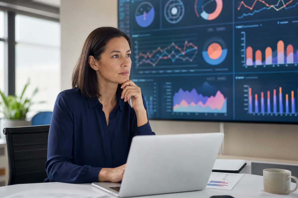 Revenue cycle analyst reviewing operational performance data