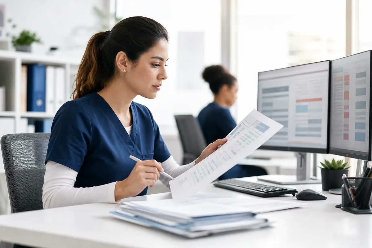 Healthcare coding specialist reviewing documentation and code references